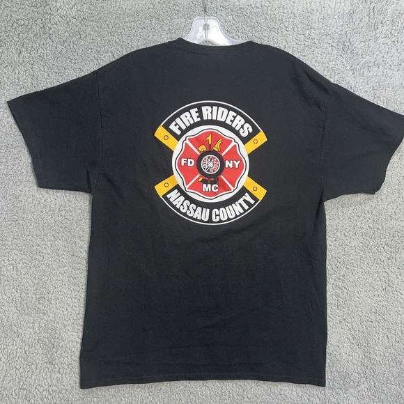 FDNY T Shirt Mens Sz L Black Nassau County Fire Riders MC Motorcycle Club 2-Side - Picture 1 of 7